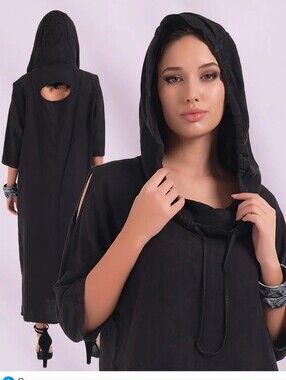 Tusso Black Linen Long Hooded Caftan XL